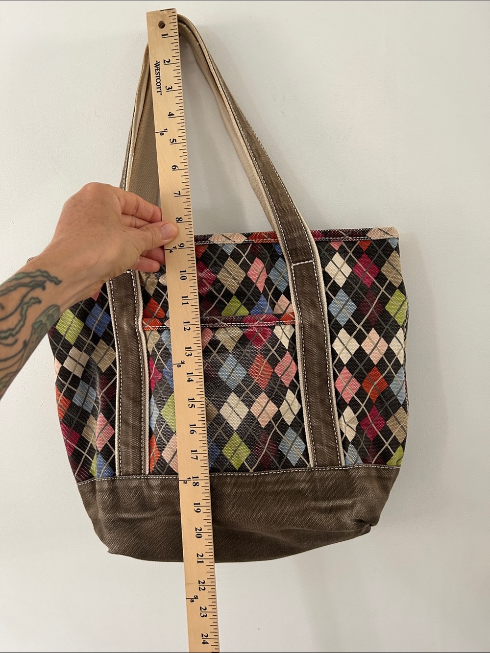 Lands End Argyle Canvas Tote Bag Medium Brown Preppy Beach Boat Travel Bag - Picture 7 of 15